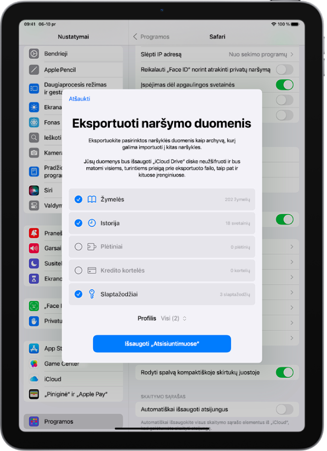Ekrane „Naršymo duomenų eksportavimas“ rodomi duomenys, kuriuos galite eksportuoti iš „Safari“ į kitą naršyklę.