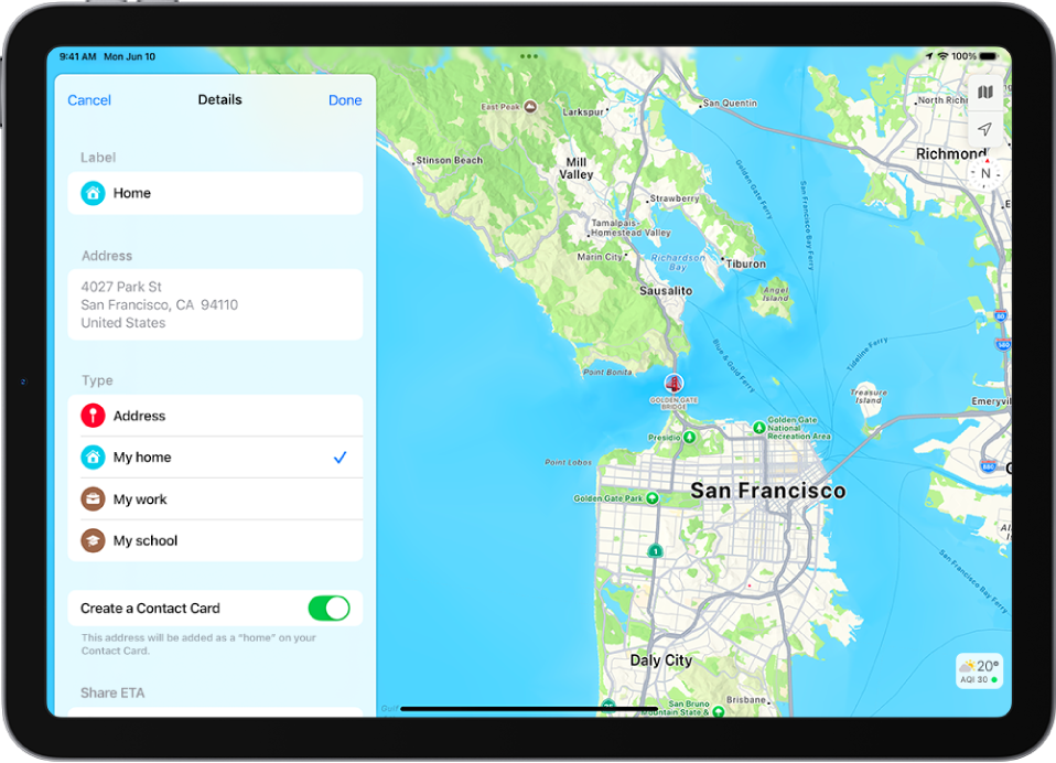 Lietotne Maps, kurā redzams ekrāns Details ar opcijām iestatīt adresi kā mājas, darbu vai mācību iestādi.