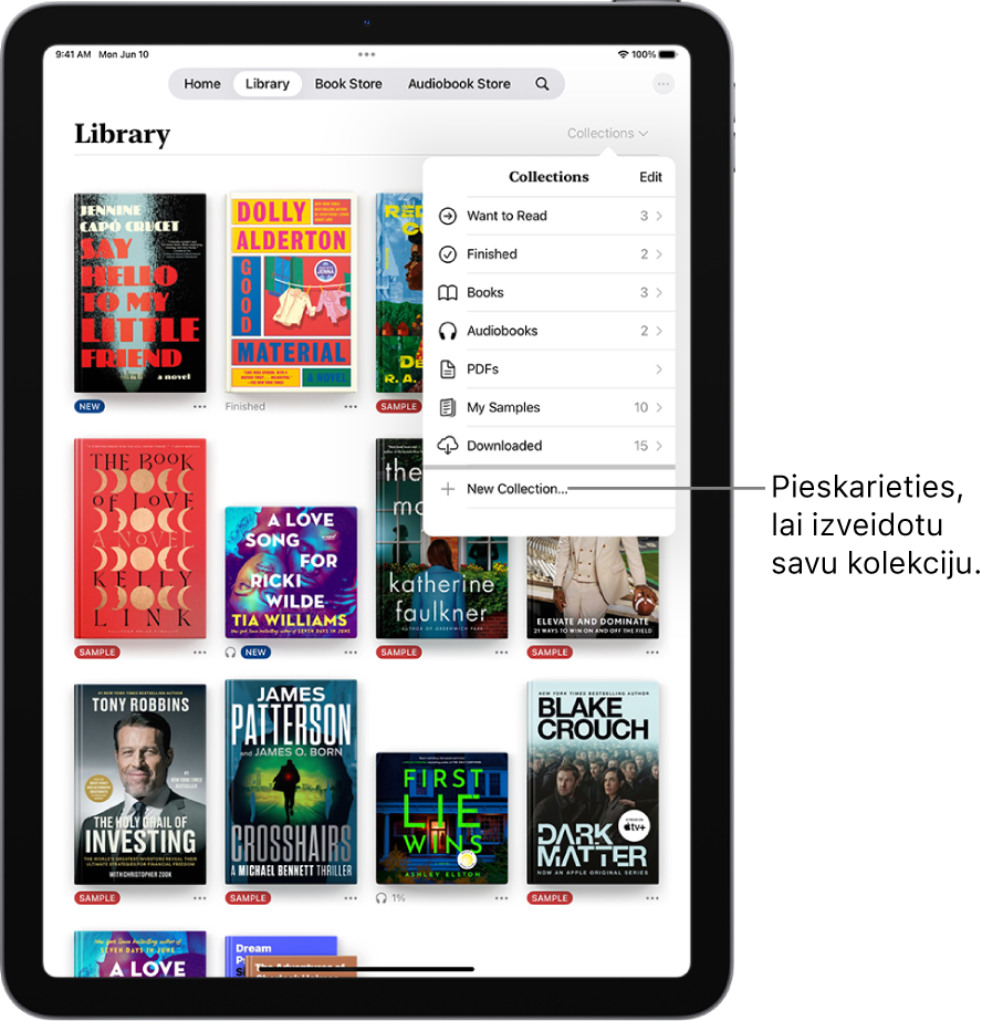 Lietotnē Books ir atvērts ekrāns Library. Ekrāna augšdaļā ir atvērta izvēlne Collections, un tajā ir redzamas tādas opcijas kā Audiobooks un PDF faili.