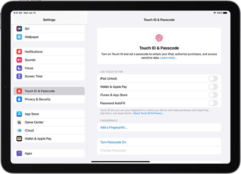 Ekrāns, kurā tiek rādīti Touch ID un piekļuves koda iestatījumi, kā arī opcijas pievienot pirksta nospiedumu un ieslēgt piekļuves kodu.