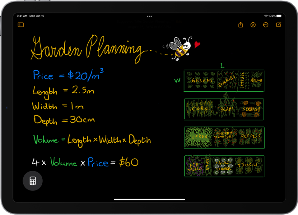 Math Notes iPad kalkulatorā, kurā parādīti deklarētie mainīgie, vienādojumi un zīmējums.
