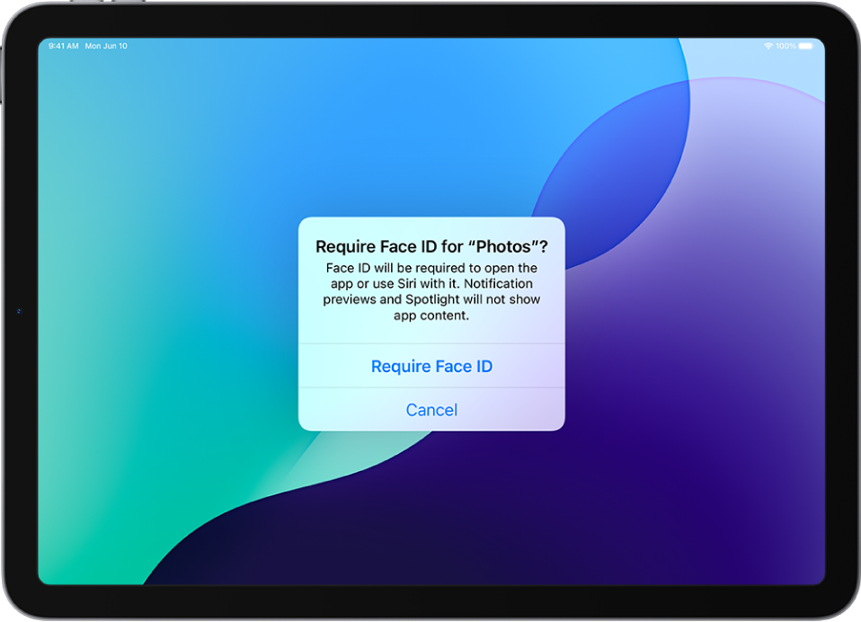 iPad स्क्रीनवर छायाचित्र ॲप उघडण्यासाठी Face ID ची विनंती करणारा अलर्ट.