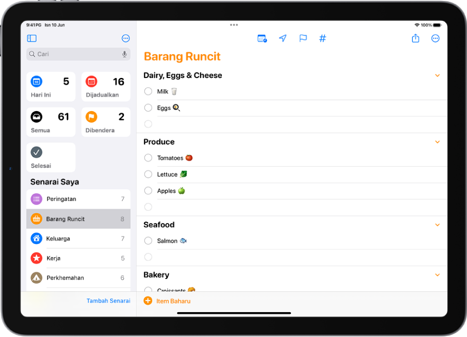 App Peringatan, menunjukkan senarai barang runcit dengan item dalam kategori seperti Barang Basah dan Makanan Laut.