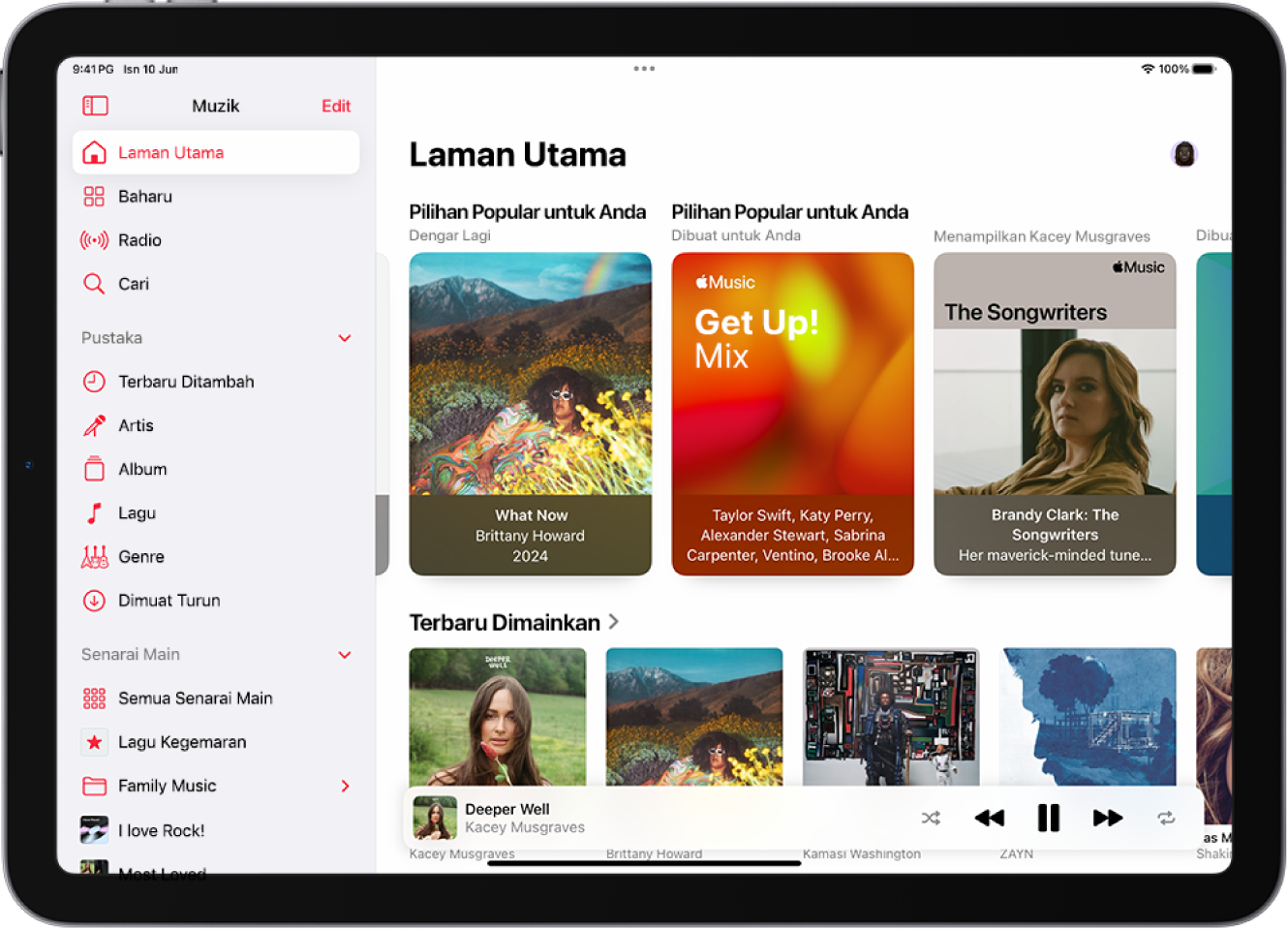 Skrin Laman Utama dalam app Muzik menunjukkan bar sisi di sebelah kiri dan bahagian Laman Utama di sebelah kanan. Skrin Laman Utama menunjukkan Pilihan Popular di bahagian atas. Muzik Terbaru Dimainkan kelihatan di bawah, menunjukkan empat kulit album. Pemain Mini berada di bahagian bawah.