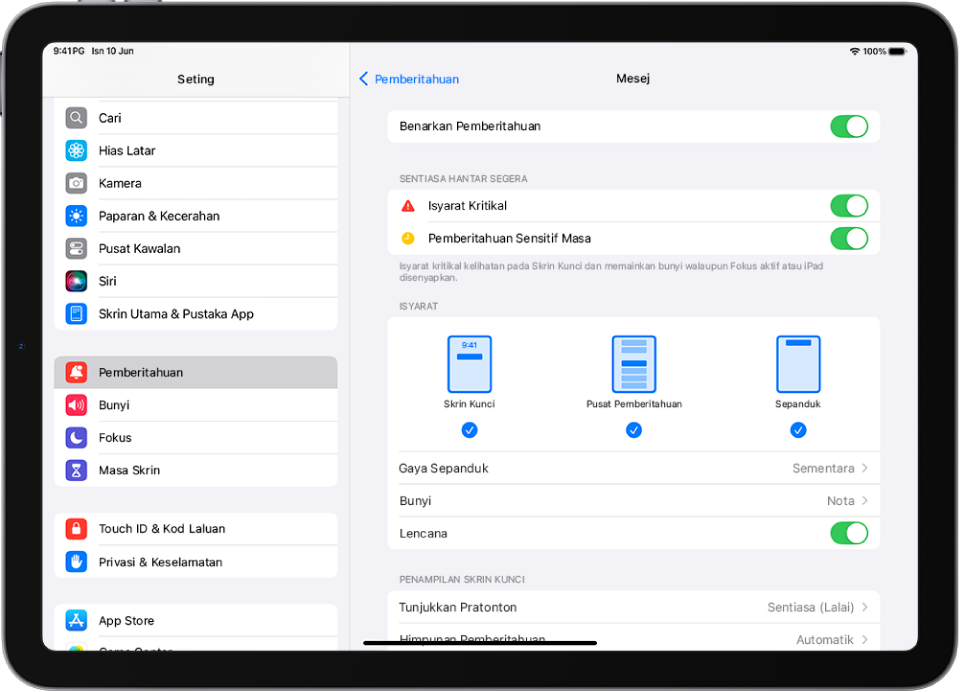 iPad dengan seting Mesej untuk pemberitahuan dan gerak isyarat.