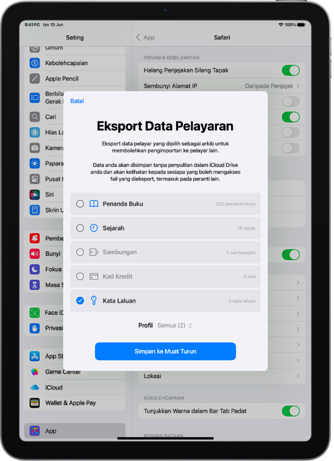 Skrin Eksport Data Pelayaran dengan pilihan Kata Laluan dipilih untuk mengeksport ke pengurus kata laluan lain.