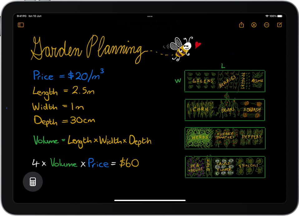 Nota Matematik dalam Kalkulator pada iPad menunjukkan pemboleh ubah diisytiharkan, persamaan dan lukisan.