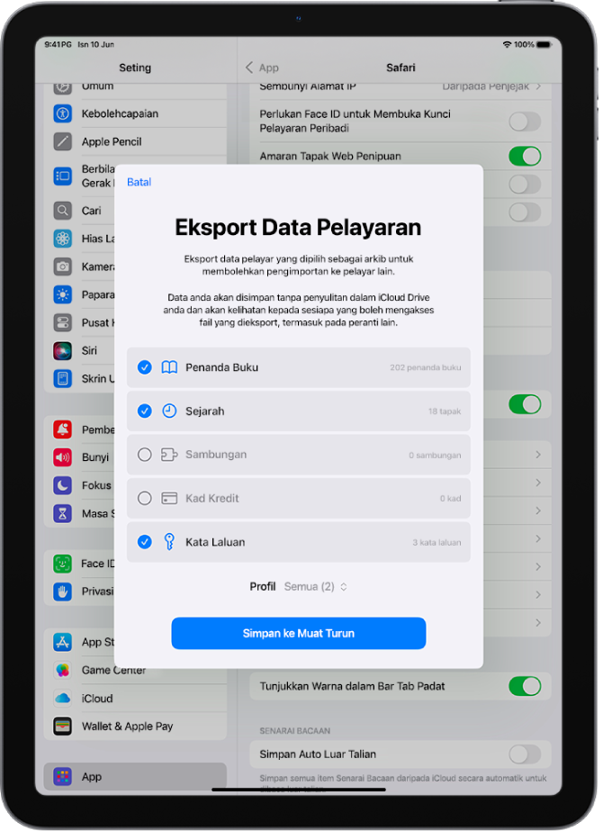 Skrin Eksport Data Pelayaran yang menunjukkan data yang anda eksport daripada Safari ke pelayar lain.
