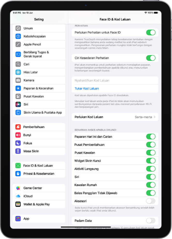 Seting Face ID & Kod Laluan, dengan pilihan untuk membenarkan akses kepada ciri khusus apabila iPad dikunci.