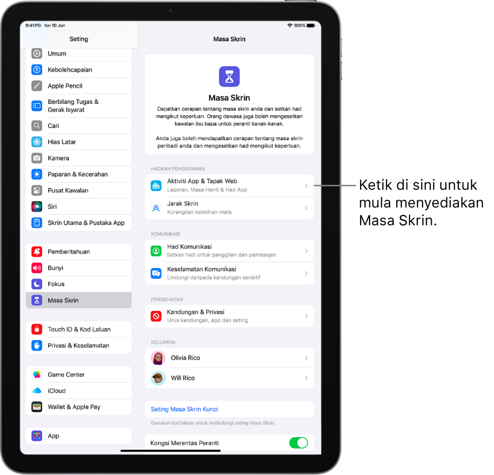 Skrin untuk menyediakan Masa Skrin, menunjukkan yang anda mengetik Aktiviti App & Tapak Web untuk bermula.