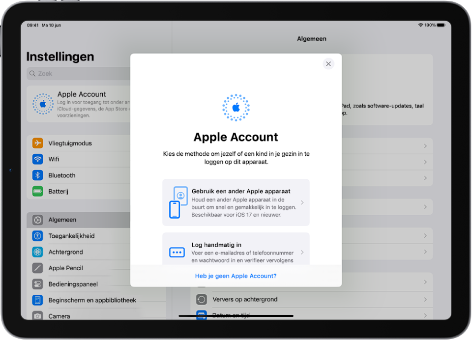 Het Instellingen-scherm met het Apple Account-inlogdialoogvenster in het midden van het scherm.
