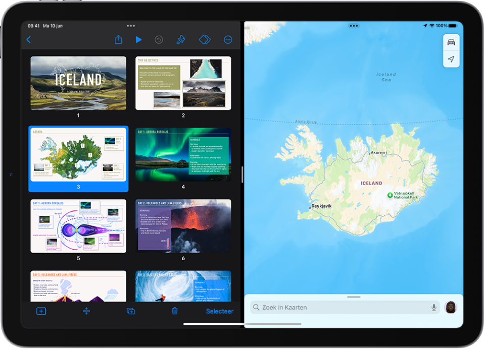 Aan de linkerkant van het scherm is de Keynote-app geopend en aan de rechterkant de Kaarten-app. Tussen de apps staat een scheidingslijn waarmee je Split View kunt aanpassen.