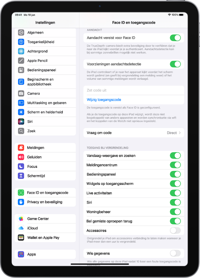 De instellingen voor 'Face ID en toegangscode', met opties voor toegang tot specifieke functies wanneer de iPad is vergrendeld.