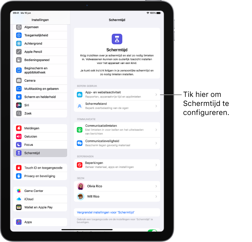 Het scherm om Schermtijd te configureren, waarbij wordt aangegeven dat je hiervoor op 'App- en websiteactiviteit' moet tikken.