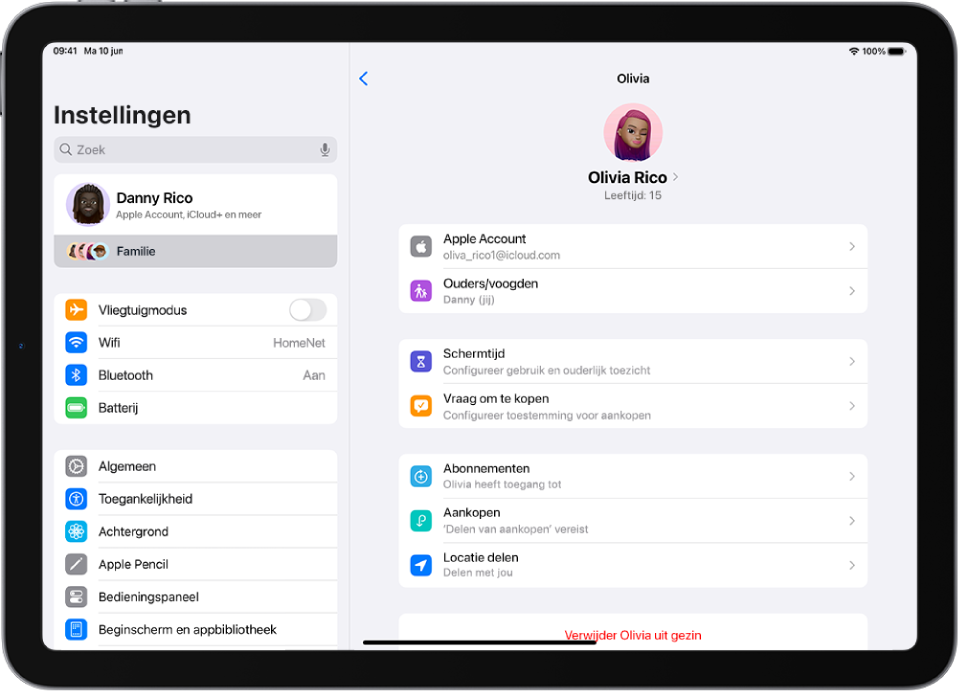 Het Instellingen-scherm met beschikbare functies voor een tiener, zoals 'Vraag om te kopen' en 'Apple Cash'.
