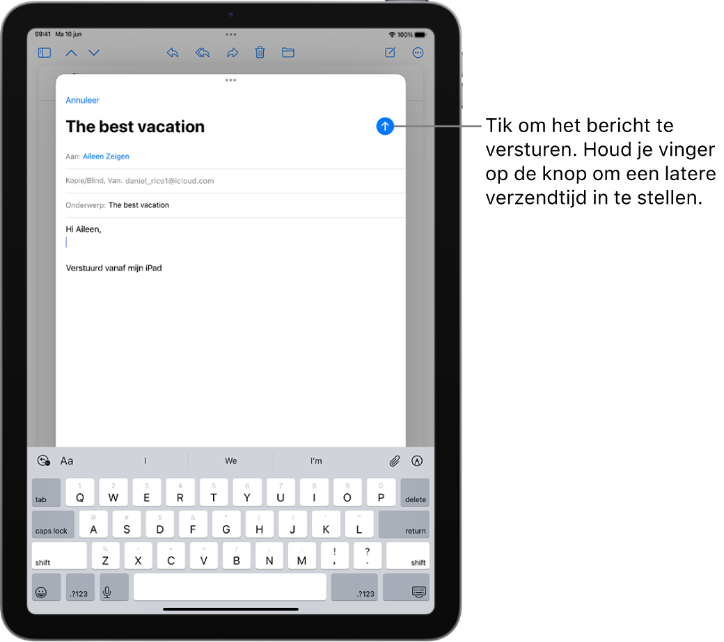 Een concept-e‑mail is geopend in de Mail-app. In de rechterbovenhoek staat de knop om het bericht te versturen. Tik erop om het bericht te versturen of houd je vinger erop om een latere verzendtijd in te stellen.