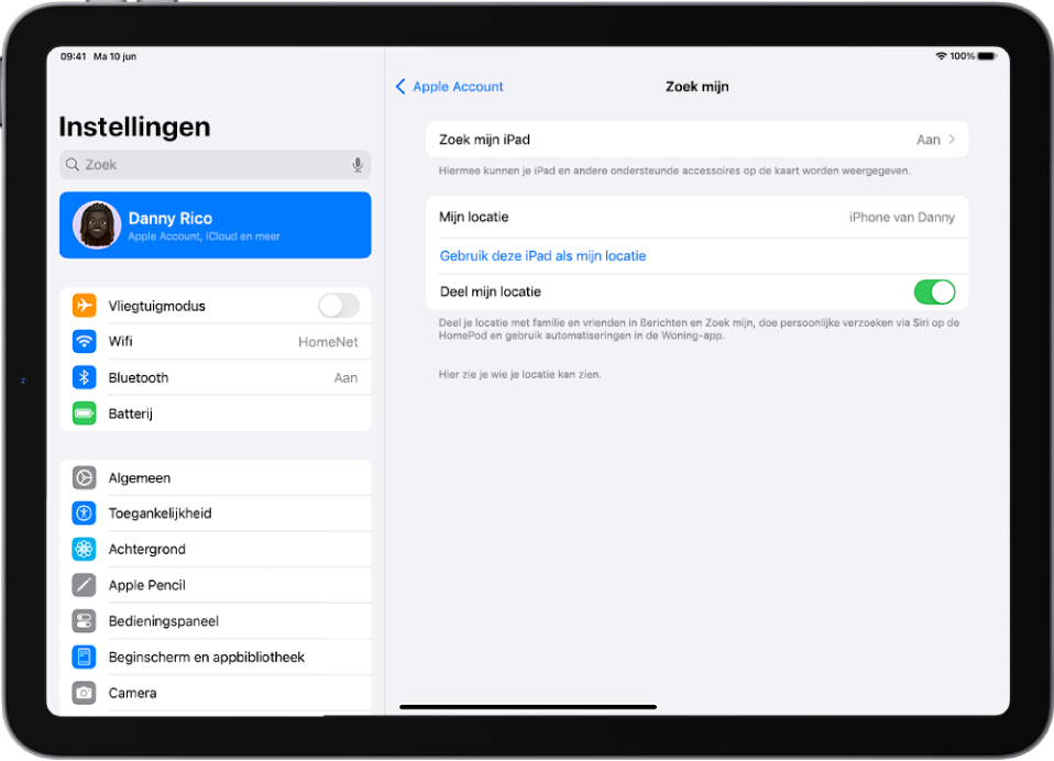 Een scherm met instellingen voor de Zoek mijn-app, met opties om 'Zoek mijn iPad' en 'Deel mijn locatie' in te schakelen.