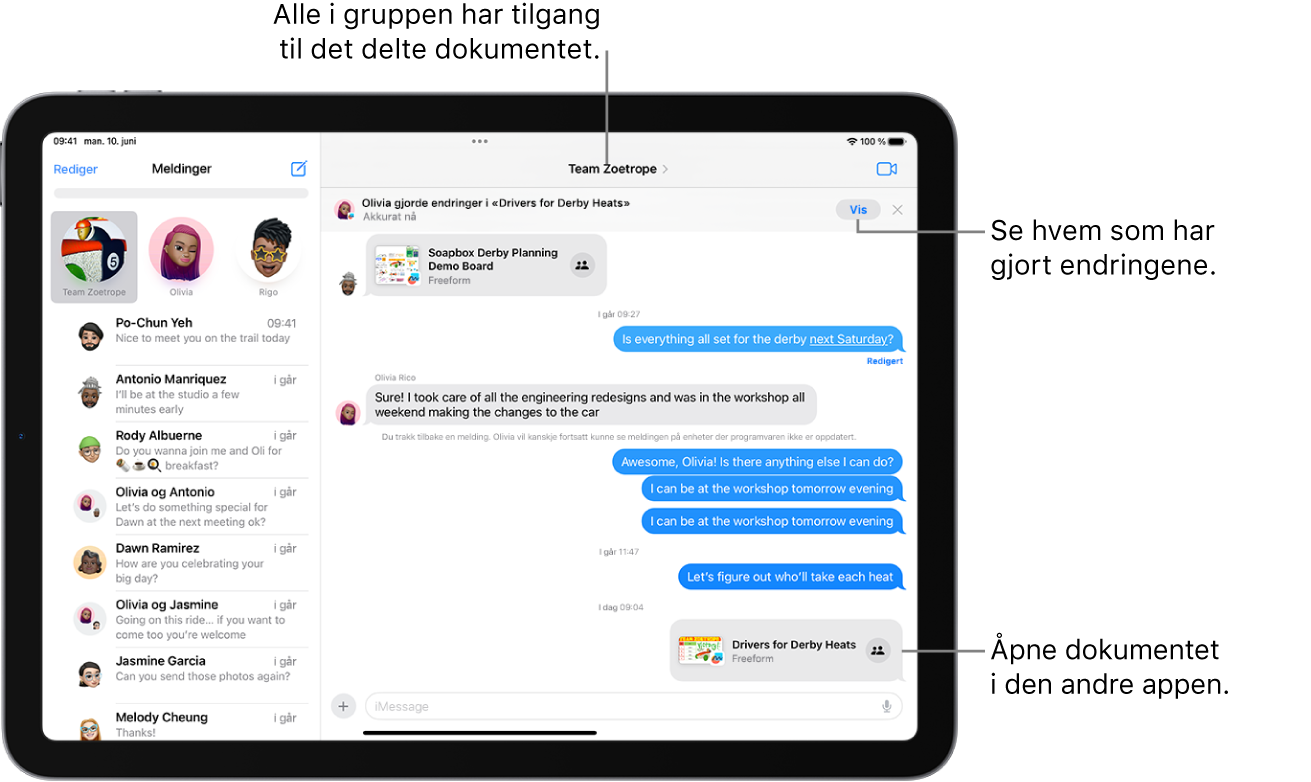 En gruppesamtale i Meldinger, en samarbeidsinvitasjon og oppdateringer øverst i samtalevinduet.