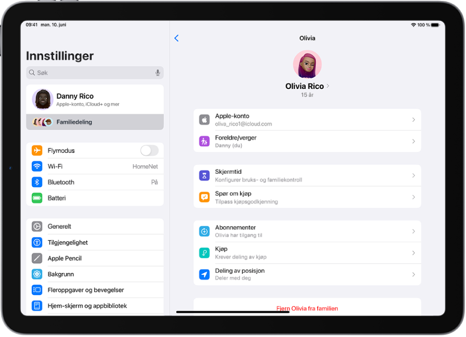 Innstillinger-skjermen som viser funksjoner som er tilgjengelige for en tenåring i familien, for eksempel Spør om kjøp og Apple Cash.