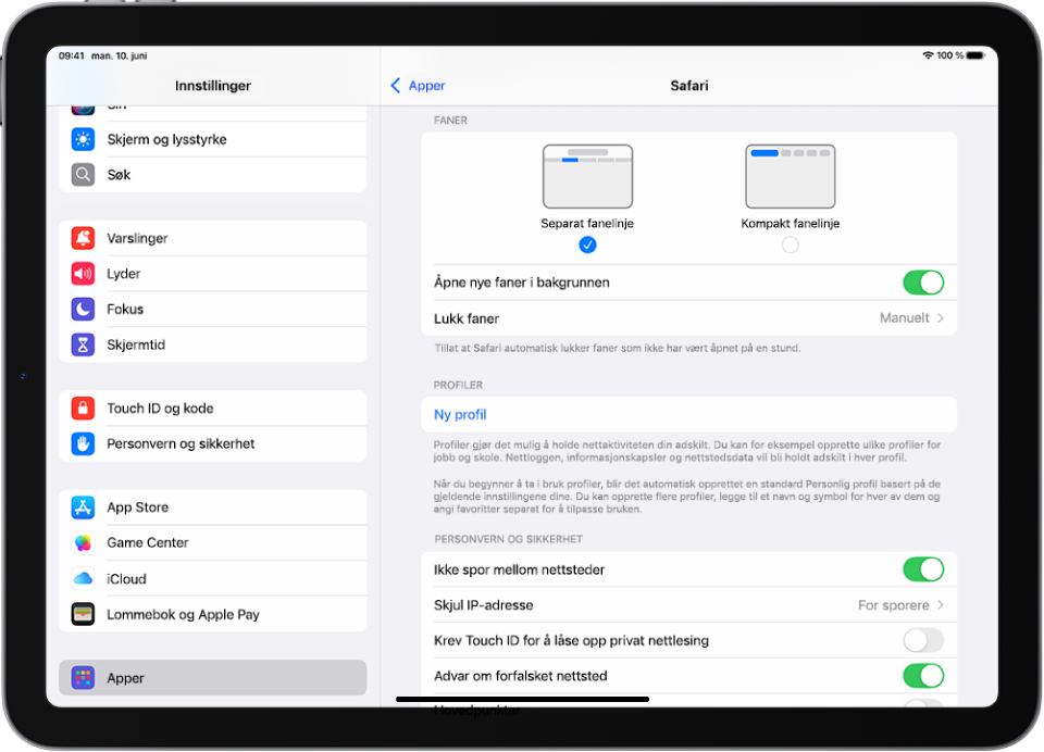 Innstillinger-appvinduet med (til venstre) Apper markert i sidepanelet og (til høyre) et Safari-panel som viser valg for å bruke faner øverst.