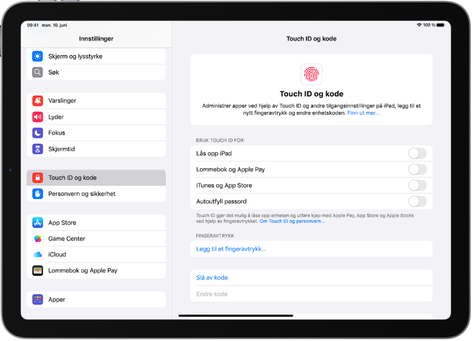 En skjerm som viser innstillinger for Touch ID og kode, med valg om å legge til et fingeravtrykk og slå på kode.