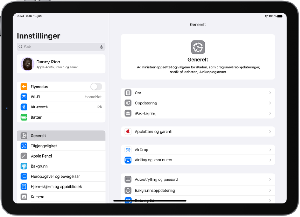 Hjem-skjermen på iPad, med flere appsymboler, inkludert Innstillinger-appsymbolet, som du kan trykke på for å endre lydvolumet, lysstyrken på skjermen og annet på iPaden.