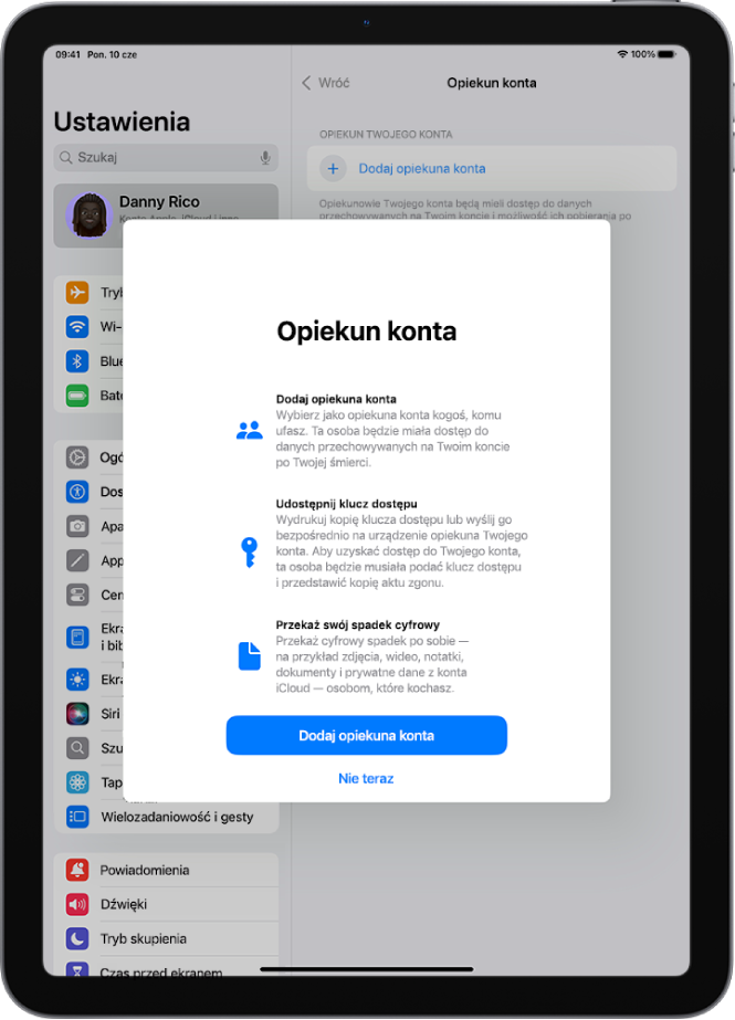 Ekran opiekuna konta z informacjami dotyczącymi tej funkcji. Na dole ekranu widoczny jest przycisk Dodaj opiekuna konta.