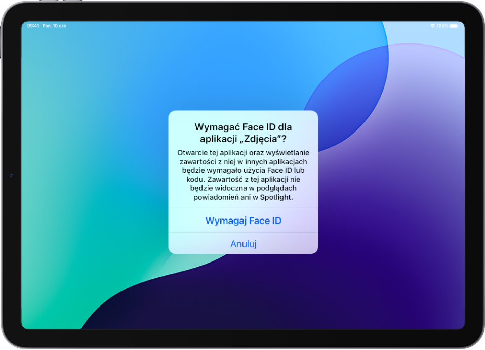Alert na ekranie iPada z informacją, że otworzenie aplikacji Zdjęcia wymaga użycia Face ID.