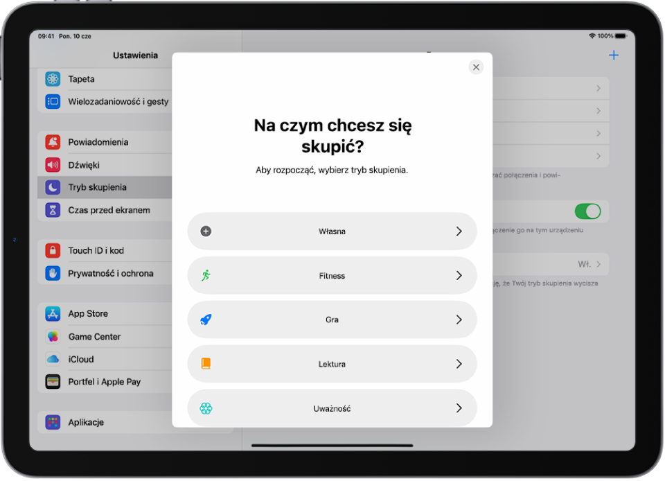 Ekran konfiguracji dodatkowych gotowych trybów skupienia, takich jak Własny, Fitness, Gra, Uważność oraz Lektura.