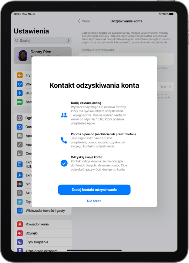 Ekran kontaktu odzyskiwania konta z informacjami dotyczącymi tej funkcji. Na dole ekranu widoczny jest przycisk Dodaj kontakt odzyskiwania.