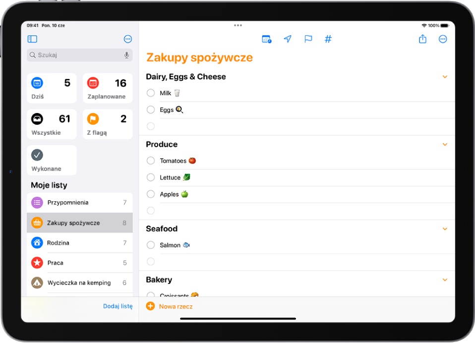 U góry po lewej stronie ekranu Przypomnień widoczne jest pole wyszukiwania, a pod nim znajduje się kilka list.