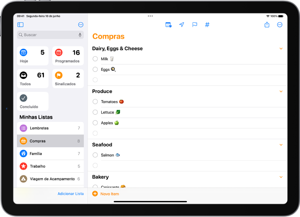 App Lembretes, mostrando uma lista de compras com itens em categorias, como Legumes e Frutos do Mar.