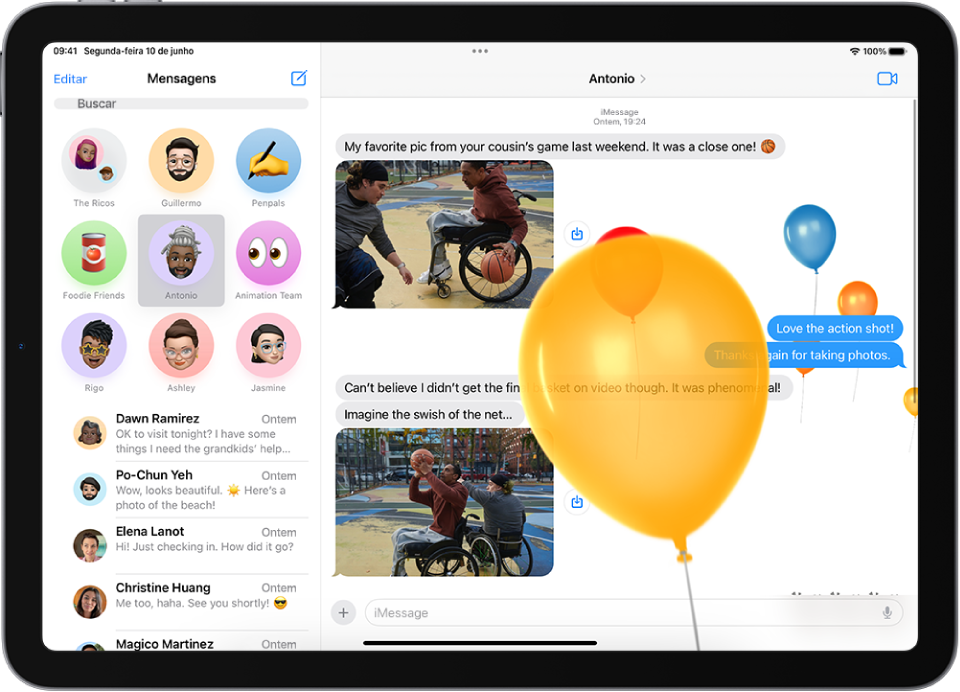 Uma animação de balões em tela cheia em uma conversa do app Mensagens.