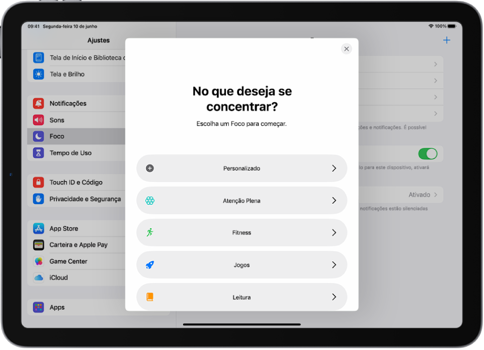 Tela de configuração de Foco para as opções adicionais de Foco fornecidas, incluindo Personalizado, Exercício, Jogos, Atenção Plena e Leitura.