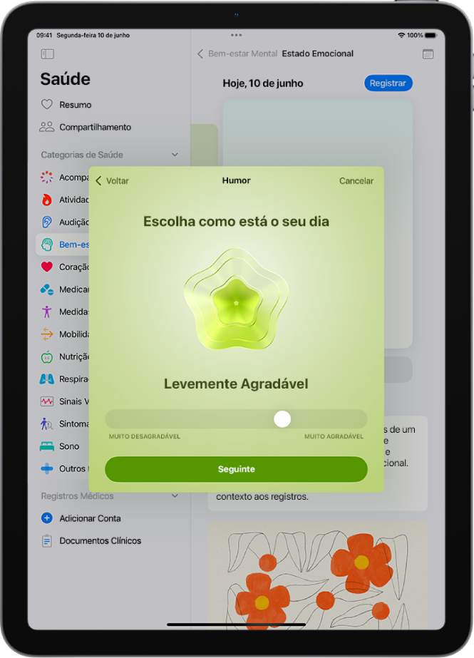 Tela no app Saúde que identifica o humor atual como Levemente Agradável. Na parte inferior da tela, um controle deslizante para ajustar o nível da emoção.