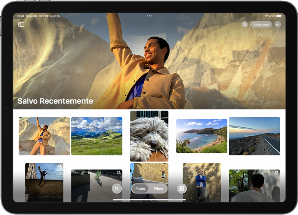 A coleção Salvo Recentemente está aberta no app Fotos, mostrando fotos e vídeos.