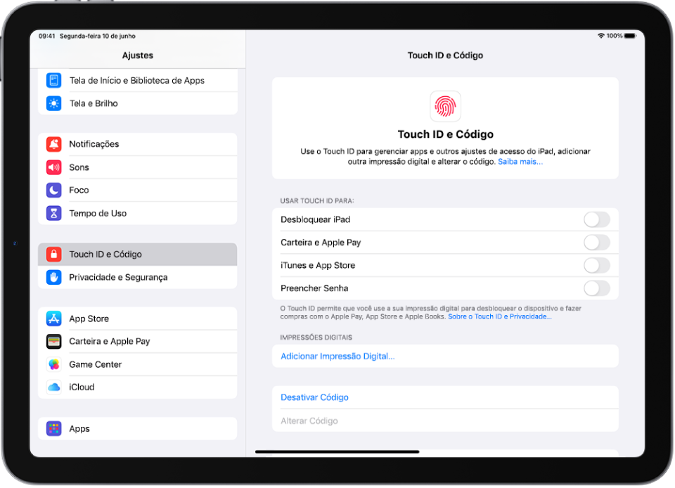 Uma tela mostrando os ajustes de Touch ID e Código, com opções para adicionar uma impressão digital e ativar o código.
