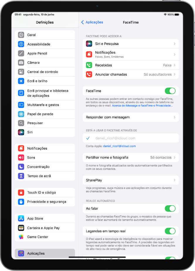 O ecrã Definições do FaceTime a mostrar o controlo para ativar ou desativar o FaceTime e a conta Apple que está a ser usada para o FaceTime.
