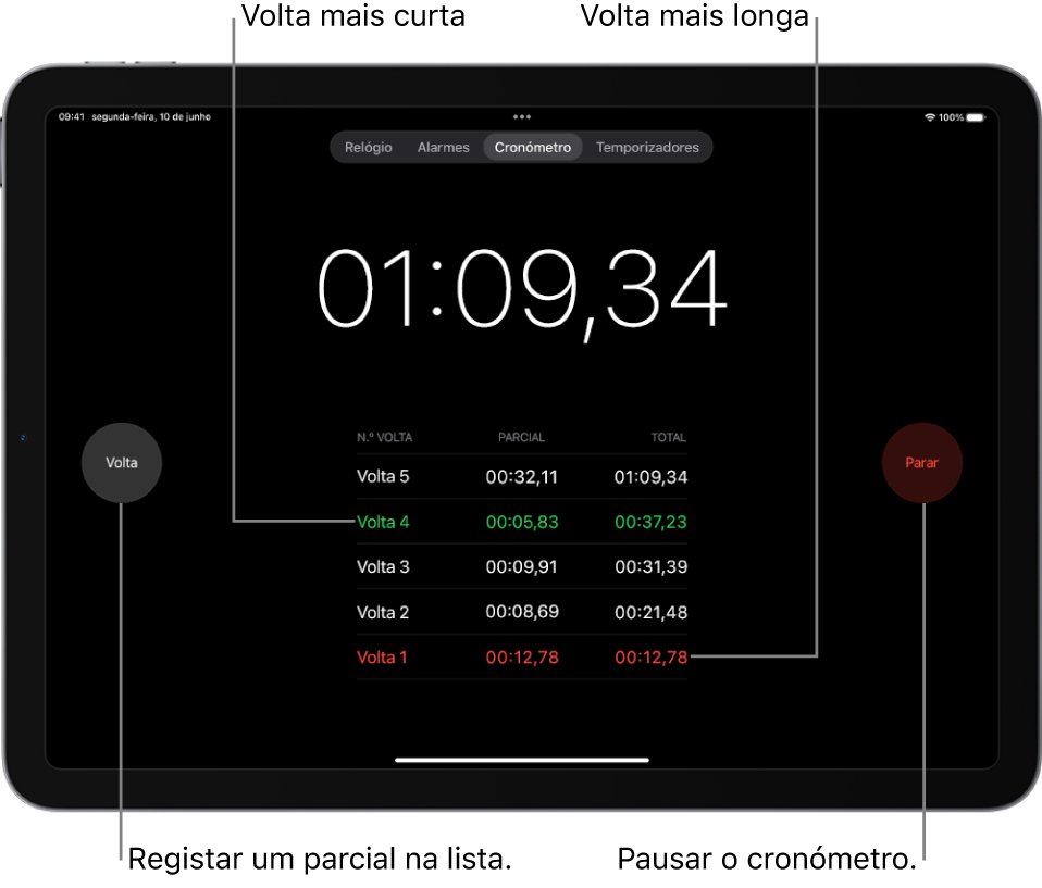 Um cronómetro na aplicação Relógio mostra o tempo decorrido de um evento e, por baixo, são apresentadas várias voltas desse evento.