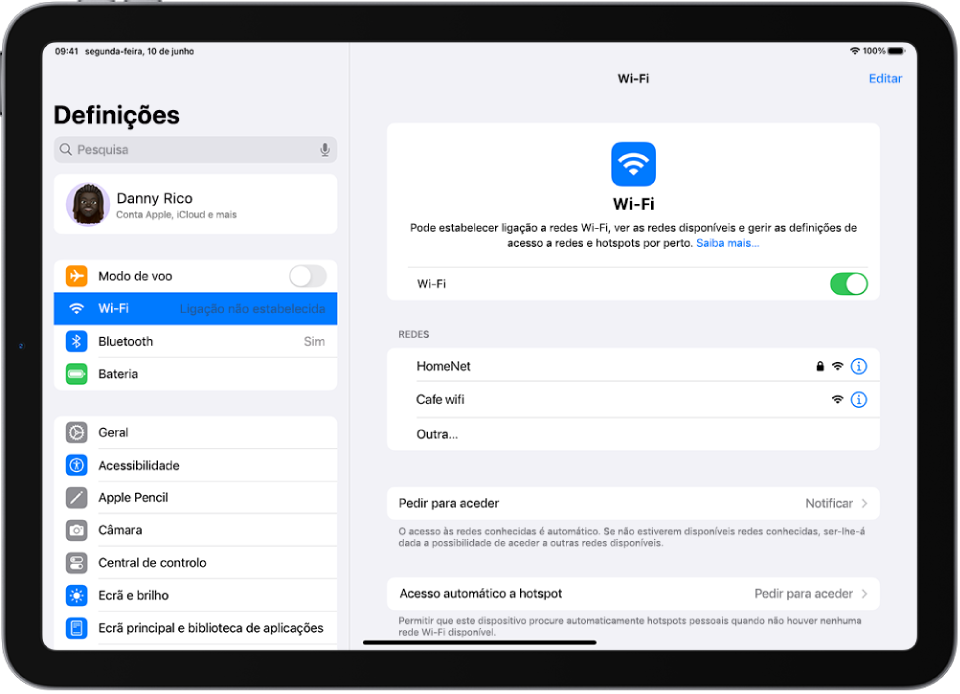 O ecrã “Definições” a mostrar as redes Wi‑Fi disponíveis.