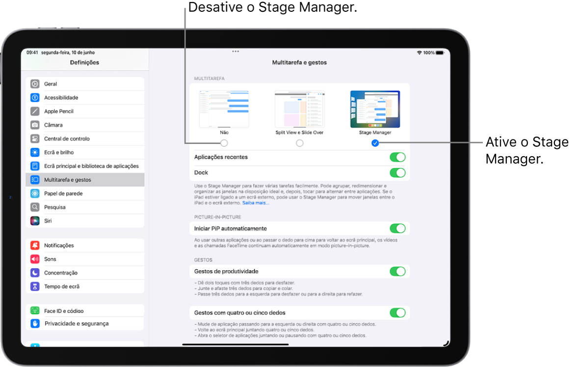 O ecrã “Definições” para ativar ou desativar o Stage Manager.