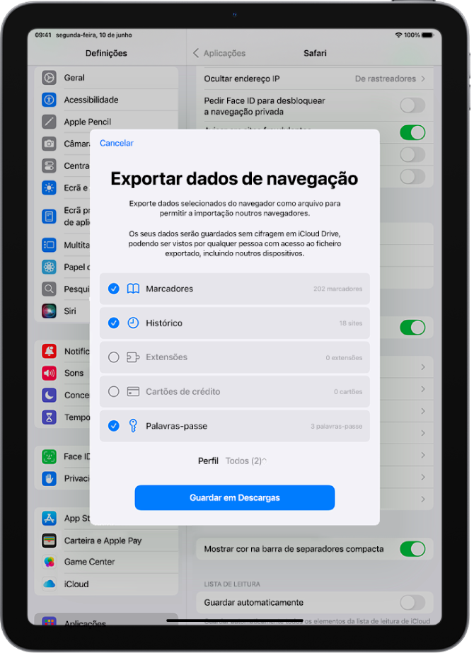 O ecrã “Exportar dados de navegação” a mostrar os dados que pode exportar do Safari para outro navegador.