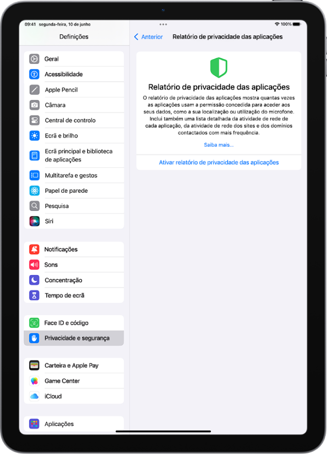 O ecrã “Relatório de privacidade” das aplicações mostra como ativar um relatório para mostrar com que frequência as aplicações usam as permissões que concedeu, assim como a respetiva atividade de rede.