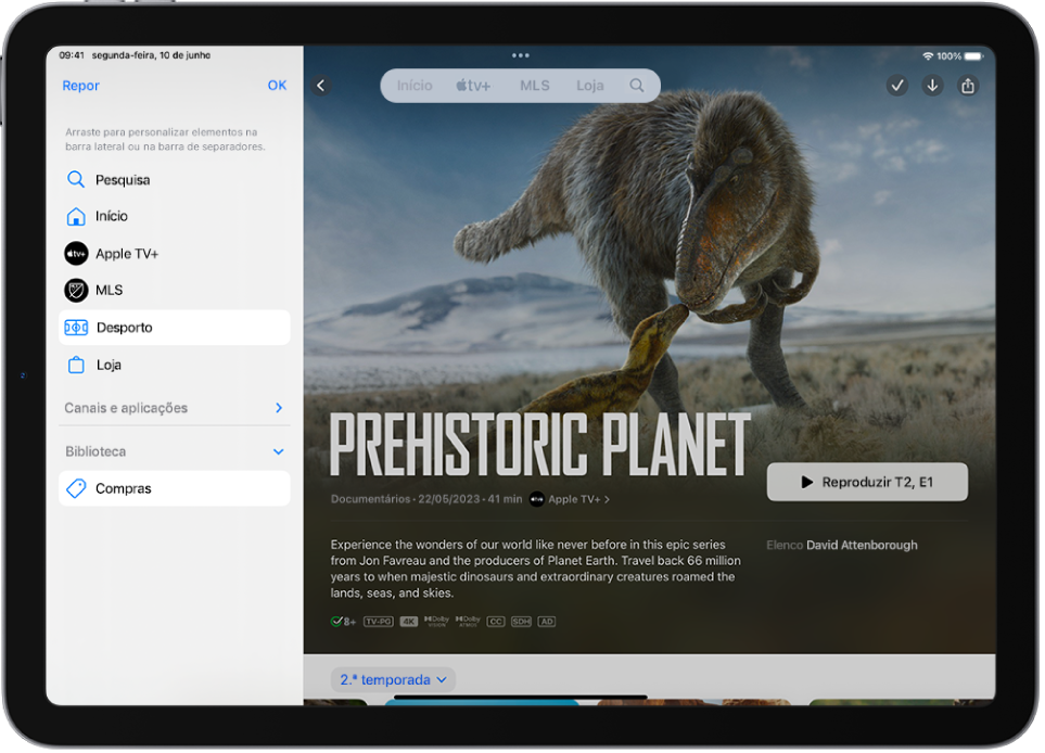 Um iPad na orientação vertical a mostrar opções para editar a barra de separadores na parte superior do ecrã.