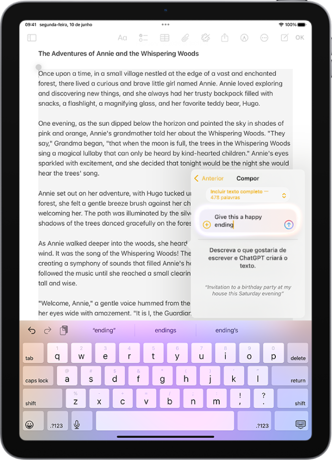 Um iPad mostra uma história a ser escrita na aplicação Notas. Na parte direita do ecrã, encontra-se a caixa de diálogo Compor com ferramentas de escrita que inclui opções para descrever uma alteração, escolher sugestões do ChatGPT, etc.