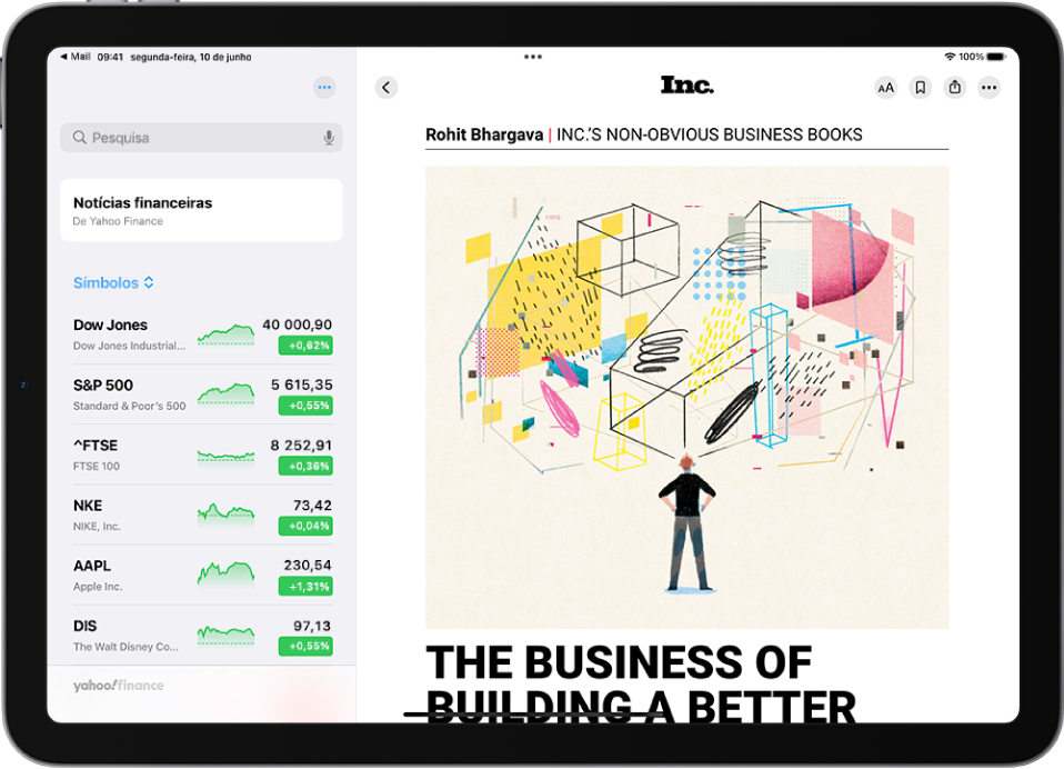 Um artigo de Apple News. No canto superior esquerdo do artigo está o botão “Anterior” para voltar aos artigos sugeridos. No canto superior direito estão os botões “Tamanho do texto”, “Guardar”, “Partilhar” e “Mais ações”.