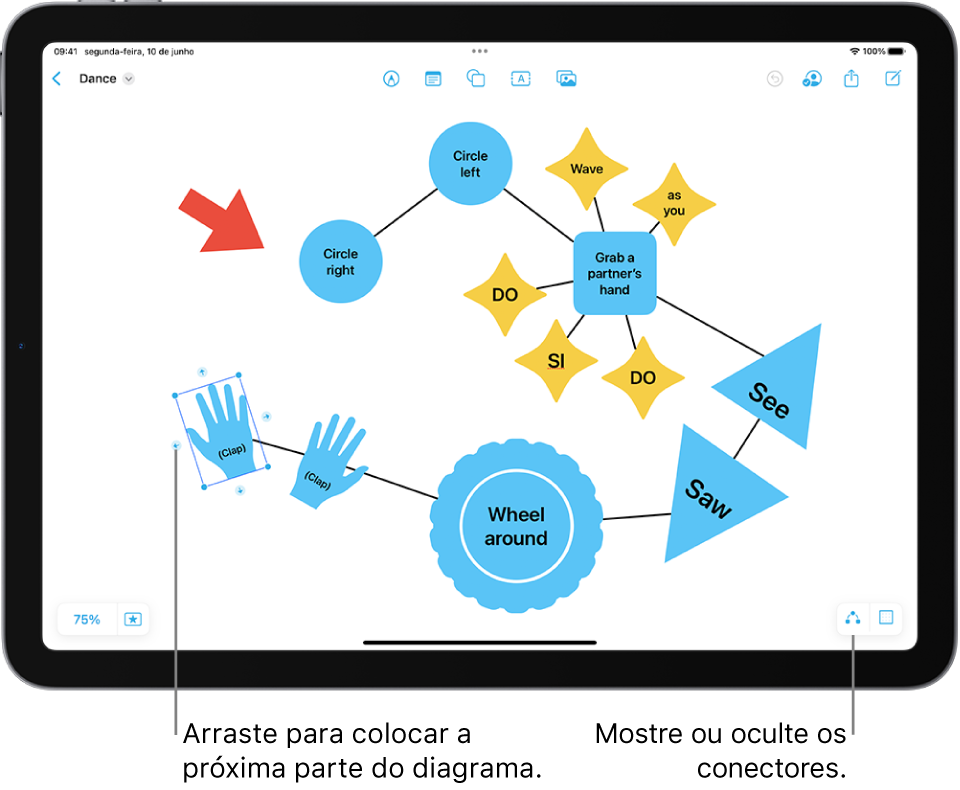 Um diagrama num quadro Freeform, com os conectores a mostrarem uma forma selecionada e as ferramentas de formatação da forma visíveis por cima.