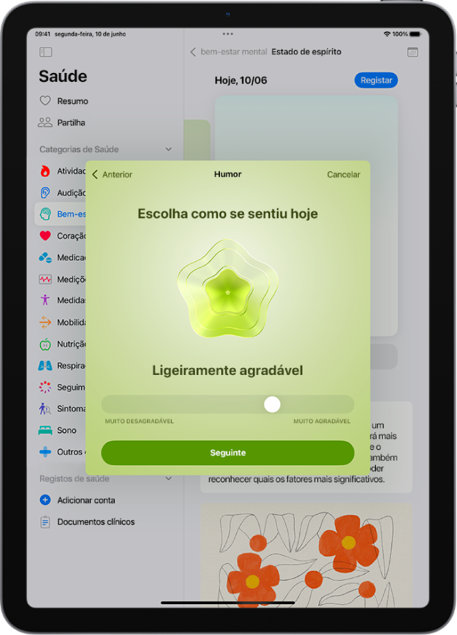 Um ecrã da aplicação Saúde a identificar o estado de espírito atual como Ligeiramente agradável. Na parte inferior do ecrã está um nivelador para ajustar o nível da emoção.
