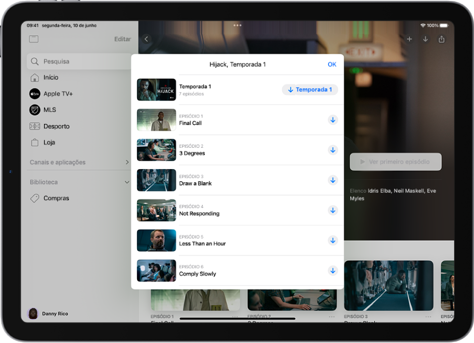 O separador “Apple TV+” a mostrar uma lista de episódios de um Apple Original. Os botões para descarregar a temporada inteira e cada episódio aparecem no lado direito do ecrã.