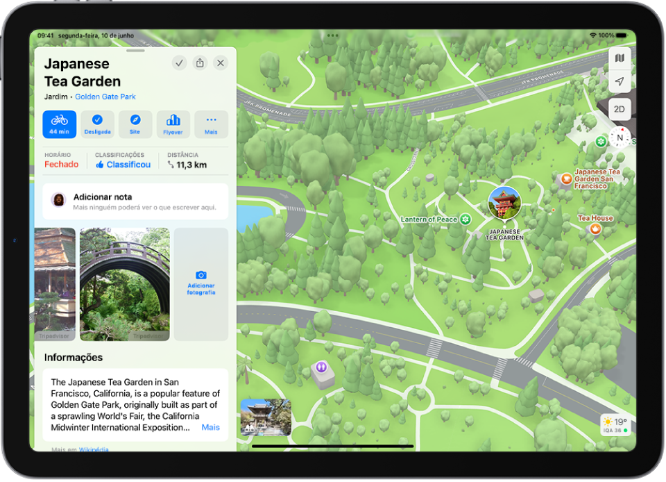 iPad com uma ficha de local com uma classificação geral para uma localização, fotografias e botões para adicionar ou explorar fotografias ou classificar o local.